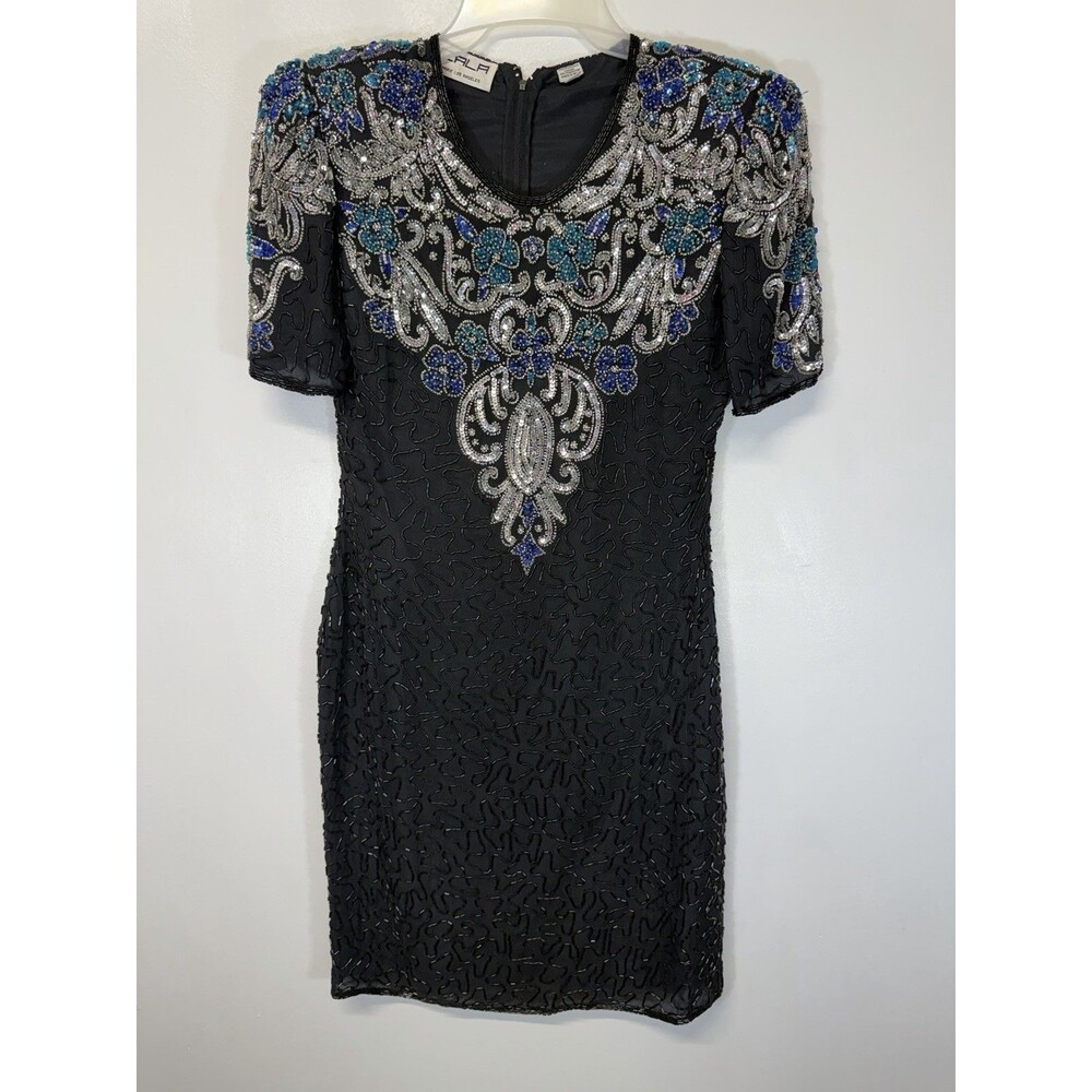 VTG 1980'S  Y2K BLACK SILK   SCALA BEADED Midi DRESS  Sequined  Party Petite S